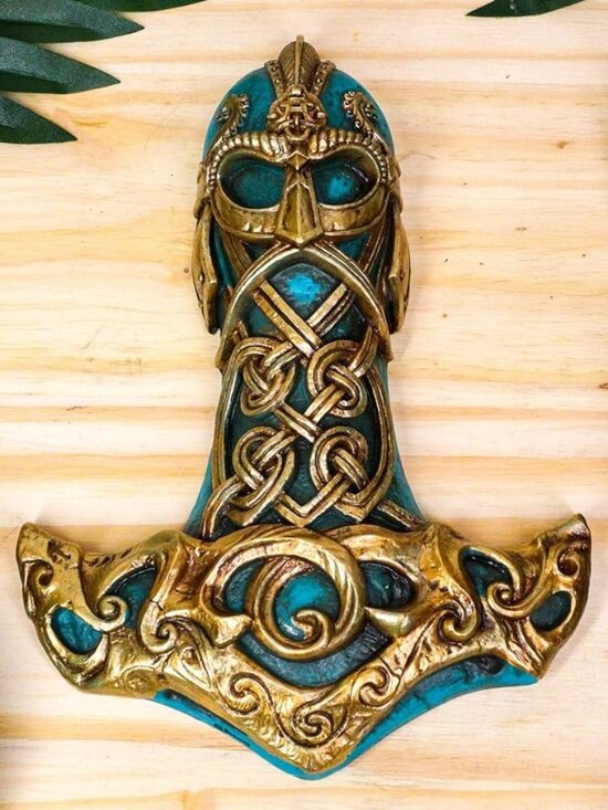 Ebros Gift Ebros Turquoise Gold Colored Thor Hammer Viking  Alchemy Gothic ✦ Thor’s Hammer Wall Sculpture ✦ Mjolnir Viking Decor The Vault